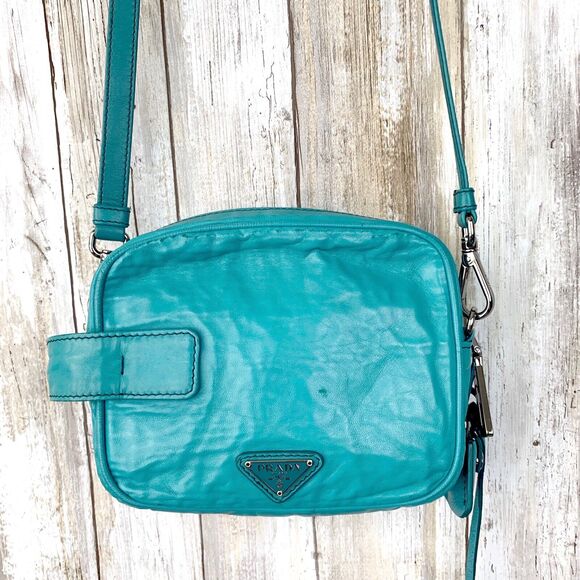 PRADA Pavone Blue Nappa Antique Leather Crossbody Camera Bag Zip Handheld RARE - Picture 4 of 12